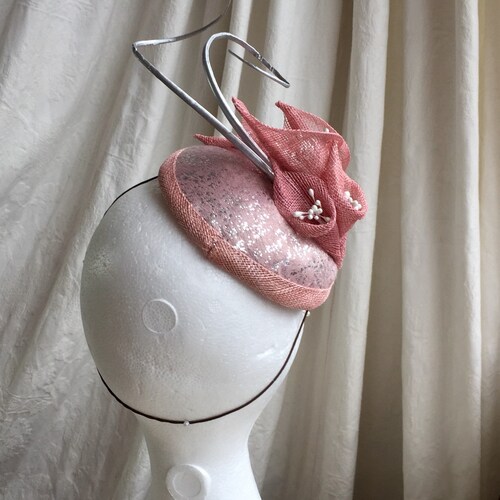 Dusky pink,silver wedding hat headpiece fascinator , stunning shops original handmade design.Handmade lily flowers for weddings or horse racing !