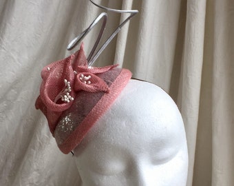 Dusky pink,silver wedding hat headpiece fascinator , stunning original handmade design.Handmade lily flowers for weddings or horse racing !