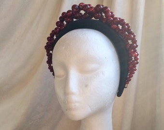 Wine red beaded ,black velvet crown headband .