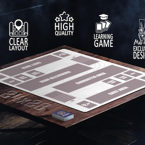 K&ouml;nnte beinhalten: Ein h&ouml;lzernes Spielbrett mit &uuml;bersichtlichem Layout, 61x71 cm gro&szlig;. Das Brett hat beschriftete Bereiche f&uuml;r das Spiel, mit den Texten "Character Area" und "Cost Area". Ein Kartenspiel liegt auf dem Brett. Das Design ist exklusiv und von hoher Qualit&auml;t.