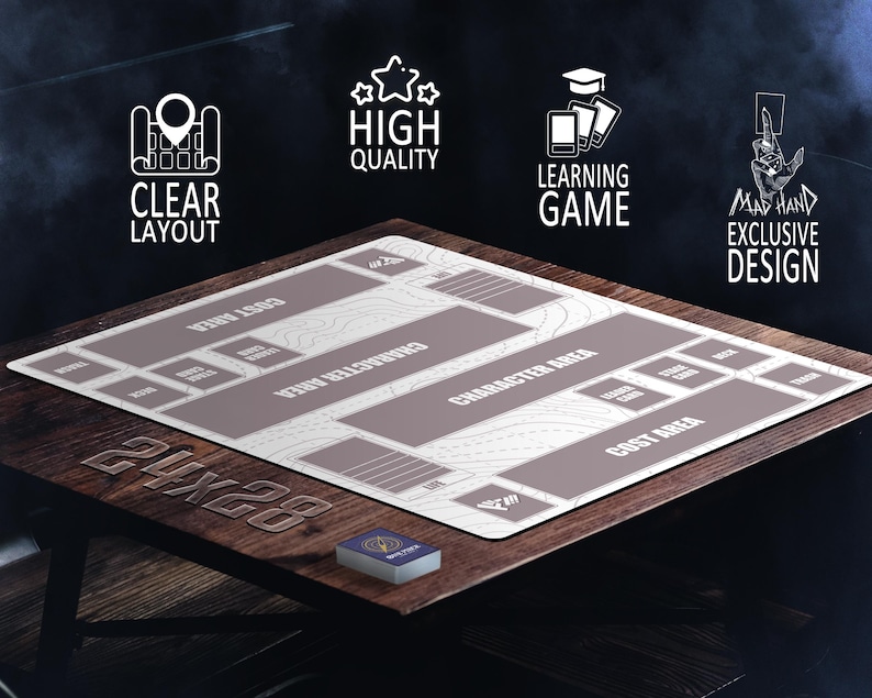K&ouml;nnte beinhalten: Ein h&ouml;lzernes Spielbrett mit &uuml;bersichtlichem Layout, 61x71 cm gro&szlig;. Das Brett hat beschriftete Bereiche f&uuml;r das Spiel, mit den Texten "Character Area" und "Cost Area". Ein Kartenspiel liegt auf dem Brett. Das Design ist exklusiv und von hoher Qualit&auml;t.