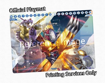 Printing Services for the Official Digimon Card Game Playmat Featuring the Artwork of WarGreymon, Omegamon and Gallantmon for the New TCG