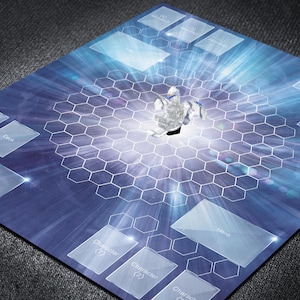 May include: A blue and white game mat with a hexagonal pattern and labeled zones for gameplay. A clear, abstract figure is in the center. The mat has areas labeled "Discard", "Deck", "Character", and "Hero".