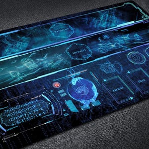 May include: A rectangular gaming playmat featuring a dark blue digital interface design with glowing cyan accents. The layout includes labeled zones for Battleline, Artifacts, Archon, Deck, and Discard, alongside a numerical grid and circular icons.