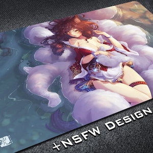 Neunschwänziger Fuchs Ahri erweitertes Mousepad, große Spielmatte für League of Legends, übergroßes Mauspad, NSFW Sexy Anime Girl Kartenspiel Spielmatte