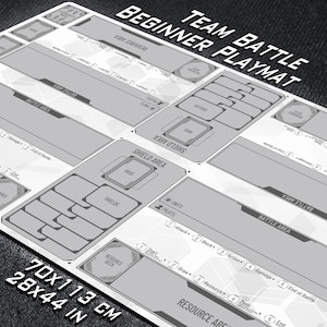 May include: A gray and white Team Battle Beginner Playmat. The playmat features labeled areas for resources, battle, and shields. It measures 28x44 inches and includes text such as "Attack", "Draw", and "End of Battle".