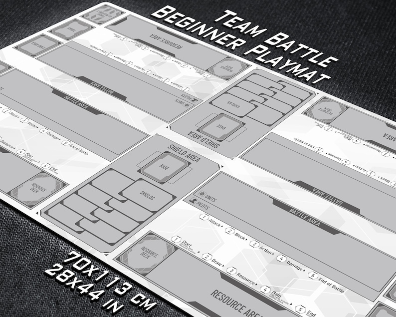 May include: A gray and white Team Battle Beginner Playmat. The playmat features labeled areas for resources, battle, and shields. It measures 28x44 inches and includes text such as "Attack", "Draw", and "End of Battle".