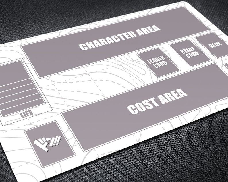K&ouml;nnte beinhalten: Eine rechteckige Spielmatte mit wei&szlig;em Hintergrund und grauem Design. Die Matte verf&uuml;gt &uuml;ber beschriftete Bereiche f&uuml;r Charaktere, Kosten, Leben und Karten. Der Text "CHARACTER AREA" und "COST AREA" ist deutlich sichtbar.