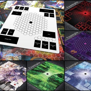 May include: A white game board with a hexagonal grid and labeled zones for a tabletop game. The board includes spaces for characters, energy, and a deck. Examples of different game board designs are shown, including red, purple, green, and blue variations.