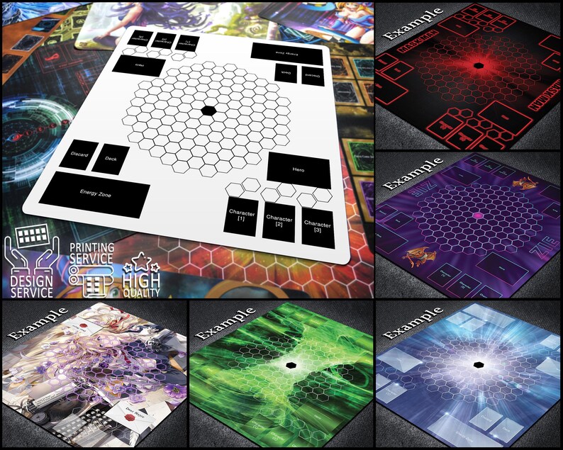May include: A white game board with a hexagonal grid and labeled zones for a tabletop game. The board includes spaces for characters, energy, and a deck. Examples of different game board designs are shown, including red, purple, green, and blue variations.