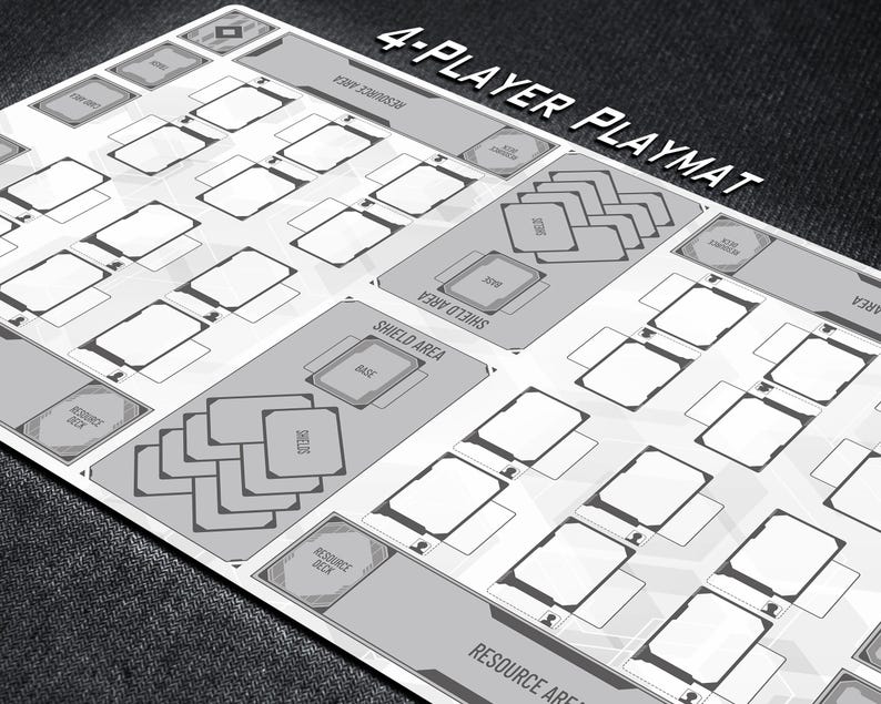 May include: A 4-Player Playmat in shades of gray and white, designed for tabletop gaming. The mat features designated areas for cards, resources, and shields, with text labels. The overall design is clean and organized, with a modern aesthetic.