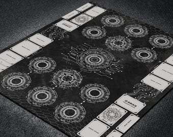 Tapete de juego Cardfight Vanguard para 2 jugadores con diseño de campo DivineZ, tapete de juego de cartas personalizado con zonas de juego TCG de formato estándar o premium.