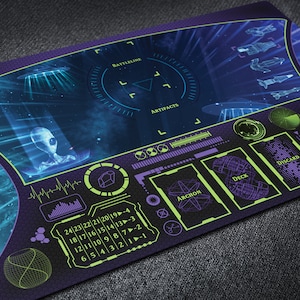 KeyForge-kaartspelmat voor House Mars-spelers met speelzones en kettingtracker, grote aangepaste speelmat in cockpitstijl ufo-oorlogsruimteschip