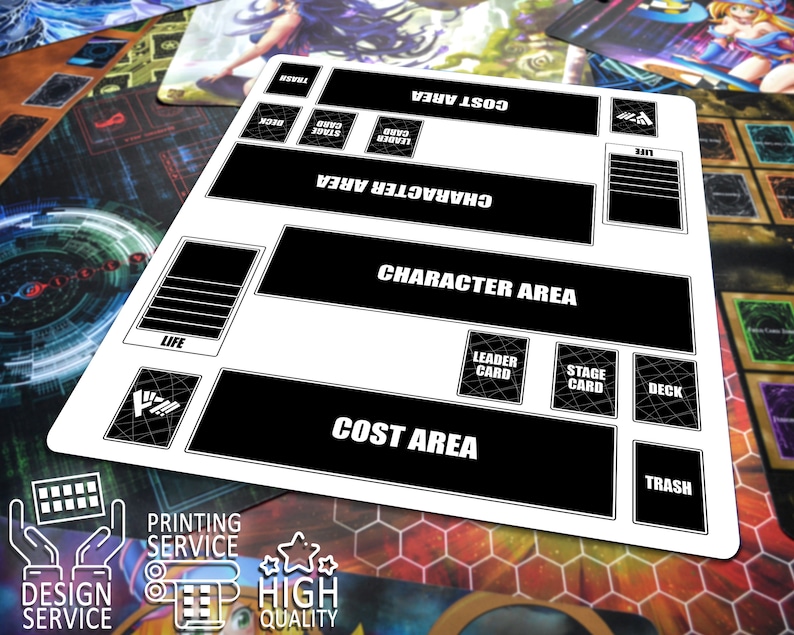K&ouml;nnte beinhalten: Wei&szlig;es rechteckiges Spielmatte mit schwarzem Text und Bereichen f&uuml;r ein Kartenspiel. Die Matte hat beschriftete Zonen f&uuml;r "Cost Area", "Character Area", "Life", "Deck", "Stage Card" und "Leader Card". Die Matte hat auch den Text "Printing Service", "Design Service" und "High Quality".