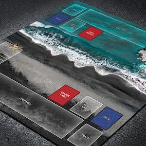 Tapis de jeu de cartes une pièce pour 2 joueurs avec zones de terrain personnalisées, tapis minimaliste de TCG 24 x 28 avec un design simple et réaliste pour un jeu organisé