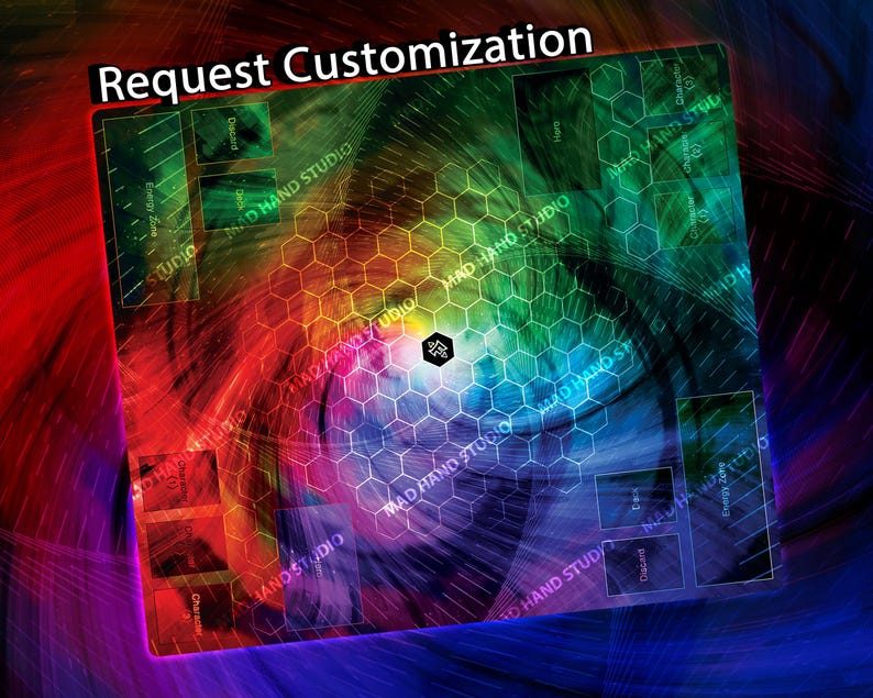 May include: A colorful playmat with a hexagonal pattern and the text "Request Customization." The design features a vibrant gradient of colors, with designated zones for game components. The Mad Hand Studio logo is visible.