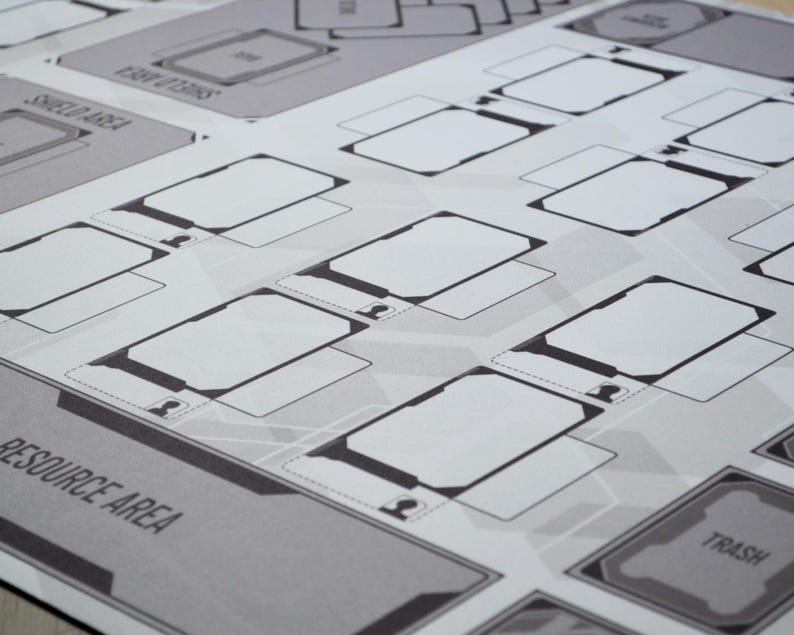 May include: A grayscale game board with various labeled areas, including "SHIELD AREA" and "RESOURCE AREA." The board features numerous rectangular spaces with rounded corners, outlined in black, and a geometric background pattern.