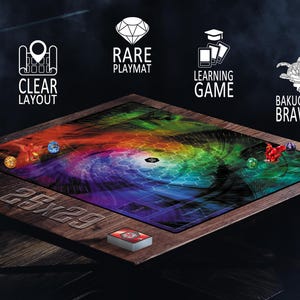 May include: A wooden game board with a colorful, swirling design. The board features the text "25x29" and includes the phrases "Clear Layout," "Rare Playmat," "Learning Game," and "Bakugan Brawl." Several game pieces and a deck of cards are visible.