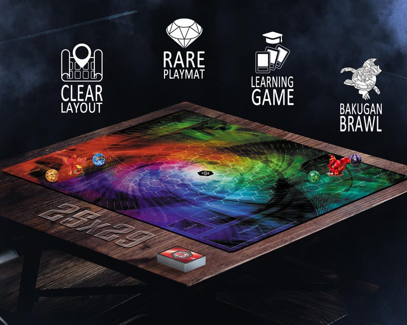 May include: A wooden game board with a colorful, swirling design. The board features the text "25x29" and includes the phrases "Clear Layout," "Rare Playmat," "Learning Game," and "Bakugan Brawl." Several game pieces and a deck of cards are visible.
