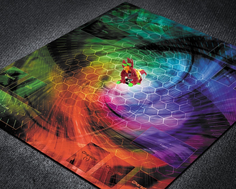 May include: A colorful game board with a hexagonal pattern and a central figure. The board features a vibrant spectrum of colors, including red, orange, yellow, green, and blue. The game piece is red and green. Text on the board reads "Character" and "Discard".