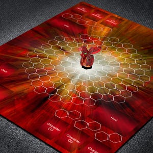 May include: A board game with a red and yellow background featuring a hexagonal grid and labeled zones. A red and brown figurine stands in the center. The board has text labels like "Discard" and "Character".