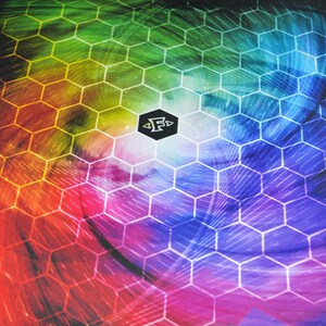 May include: A vibrant, abstract design featuring a spectrum of colors, including red, orange, yellow, green, blue, and purple. The design incorporates a honeycomb pattern overlaying a swirling, textured background. A black hexagon with a white logo is centered.