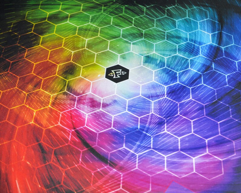 May include: A vibrant, abstract design featuring a spectrum of colors, including red, orange, yellow, green, blue, and purple. The design incorporates a honeycomb pattern overlaying a swirling, textured background. A black hexagon with a white logo is centered.