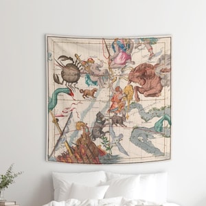 Vintage Sternenkarte Wandbehang mit Gemini, Orion, Stier, Krebs, Canis Minor & Hydra - Wandteppich aus dem 17. PLAN014EU