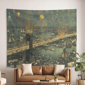 Brooklyn Bridge Fireworks Wall Tapestry for Living Room, 1883 New York Vintage Decor. MAP002 image 1