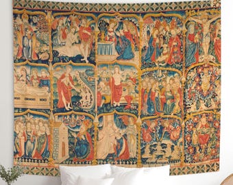 Medieval Religious Tapestry depicting the Apostles Creed. Jesus Christ Printed fabric Wall Decoration. REL002