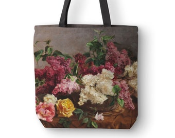 Tote bag with Roses and Lilacs, Floral Artwork printed on shoulder bag. FLR031