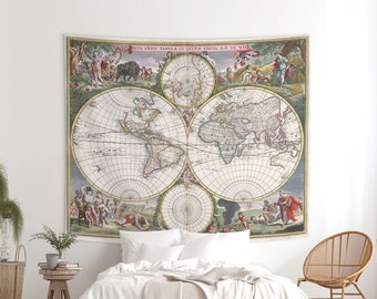 Nova Orbis Tabula wall tapestry, Vintage world map for wall decoration from the 17th century. MAP009