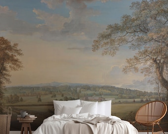 English country side wallpaper mural, Large wall decor with a vintage painting from the 18th century, Watercolor art. LAN033