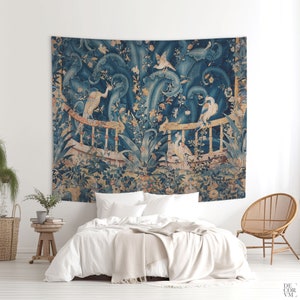 French wall tapestry with birds and plants, Verdure tapestries, Blue wall art vintage decoration (Printed), Verdure d'Audenarde. MIS004