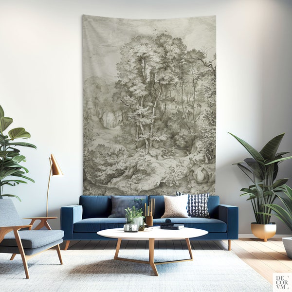 Impression monochrome de tapisserie de forêt, dessin d'art mural d'arbre, artiste allemand, tenture murale en tissu, décoration murale rustique, tapisserie naturelle. LAN022EU