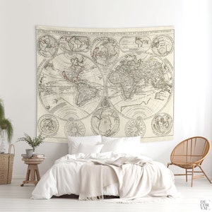 World Map tapestry, western and eastern hemispheres, vintage map from the 17th century printed on fabric, Old map wall decor. MAP011