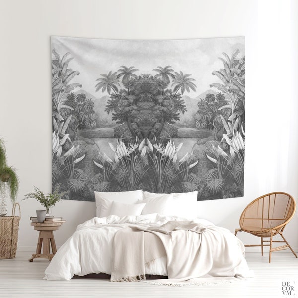 Vintage botanical wall tapestry in black and white, Cottagecore room art with banana trees and tropical flora (Landscape). MIS003BH