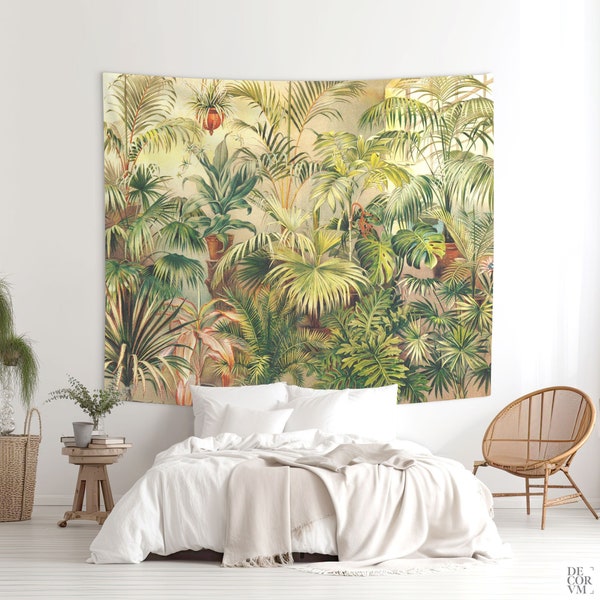 Tropical tapestry of palms, Monstera art, Saw Palmetto and other plants, Vintage tropical Print wall decor. Interior design. VIN007