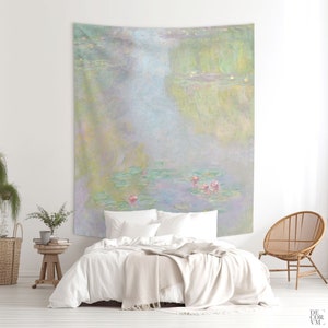 Water Lilies art tapestry, Fabric wall hanging with Claude Monet impressionist art, Pastel decor, French art tapestry. MON012