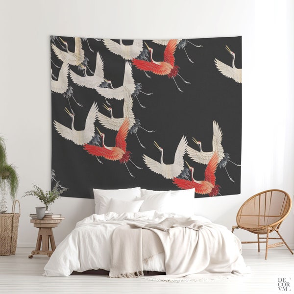 Flying Cranes Tapestry. Add contrast to your room with this black, white and red Japanese textile art inspiration. Oriental backdrop. JAP007