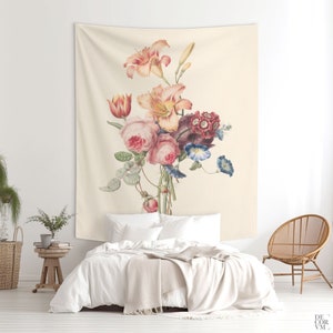 Floral Bouquet Art, Wall Art, Wall Tapestry, Dutch Floral Drawing, Fabric Wall Hanging, Watercolor Art, Henriëtte Geertruida Knip. FLR001