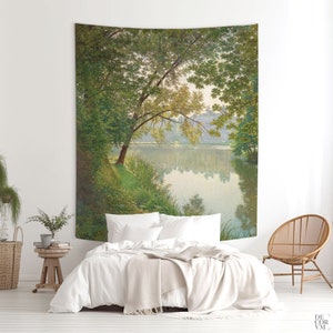 Trees and lake landscape art printed on fabric for a large wall decor, Nature painting tapestry art. TRE006