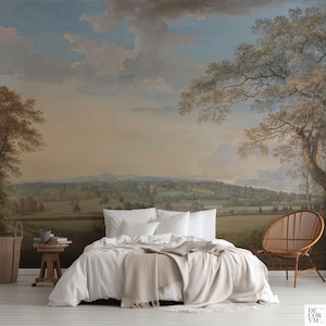 English country side wallpaper mural, Large wall decor with a vintage painting from the 18th century, Watercolor art. LAN033