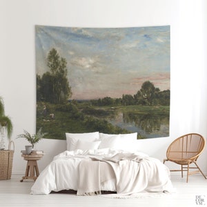River landscape oil painting wall tapestry for a vintage wall decor. 19th century art printed on fabric for large wall print. CFD004