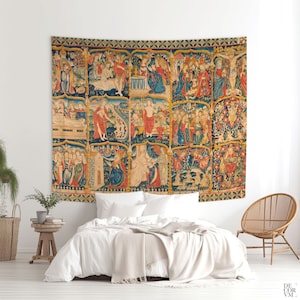 Medieval Religious Tapestry depicting the Apostles Creed. Printed fabric for wall decoration. Jesus Christ wall hanging. REL002