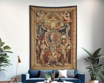 Tissu mural représentant les armoiries de France, art textile du XVIIIe siècle imprimé sur tissu en coton pour décoration murale ou séparateur d'espace. FR013EU