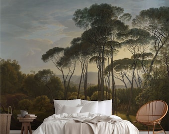 Italian landscape vintage wallpaper, decoration murale with trees and nature for wall decor. LAN004