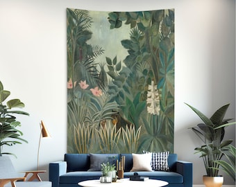 Henri Rousseau Painting, Cotton tapestry, Naive Art, Wall decor, Home Decoration, The Equatorial Jungle, Wall Hanging fabric. HER002EU