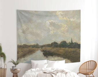 Landscape tapestry with an oil painting from the late 19th century, Warm decor, Rustic wall art, Large fabric Bohemian decoration. LAN017