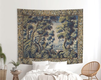 Verdure wall tapestry printed on POLYESTER microfibre, Greenery wall hanging, Antique French tapestry, Cottagecore decor. TRE005